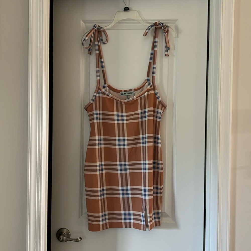 Almost Famous Peach, Cream, Blue Plaid Mini Dress, Spaghetti Straps, Bodycon 2X